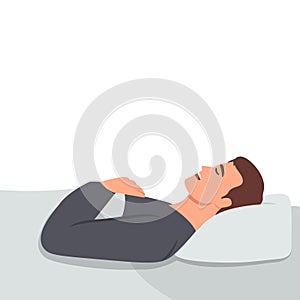 Man sleeping in bed - vector illustration of person lying in bedroom snoring and having a sleep