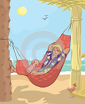 Man sleeping in hammock at beach