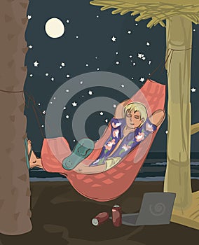 Man sleeping in hammock at beach