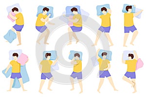Man sleeping position. Adult male character healthy night sleep pose, person sleeping in bed. Sleep guy position vector