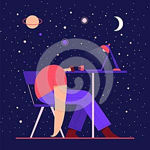 Man sleeping on the table. Tired male modern character working on laptop against the night starry sky and moon. Flat vector