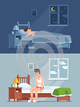 Man sleeping under duvet at night, waking up morning with bed hair and feeling sleepy. Sleep disorder cartoon vector