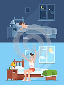 Man sleeping under duvet at night, waking up morning and getting out of bed. Peacefully sleep in comfy bedding cartoon