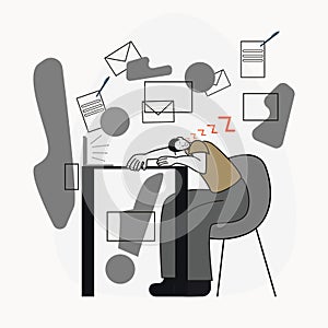 Man sleeping at the workplace behind a laptop, professional burnout, fatigue, overwork in the office, illustration in flat style