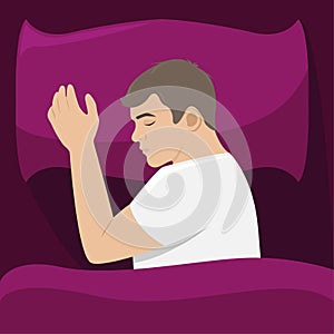 A man sleeps on his side in bed. Isolated vector illustration