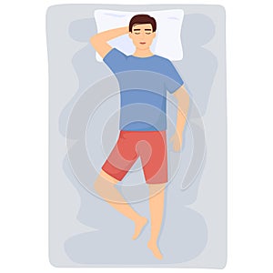 Man sleeps. Man in pajamas sleeping on bed. Top view. Vector illustration