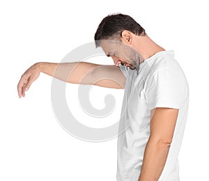 Man in sleepwalking state on white background