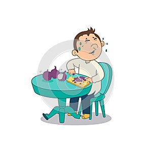 Man slicing onion and crying vector illustration