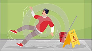 Man slipped on wet floor semi flat vector illustration