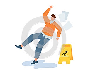 Man slipping on wet floor beside caution sign. Person loses balance at workplace. Accident prevention and safety vector