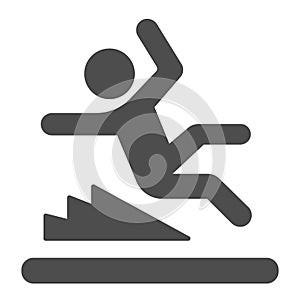 Man slipping on wet floor solid icon, waterpark concept, Wet floor sign on white background, Falling person silhouette