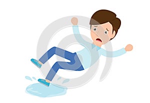 Man slips on wet floor Vector. Danger of slipping, Caution Sign. Isolated Flat Cartoon Character Illustration photo