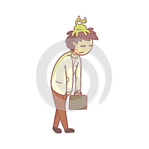 Man With Sloth Monster On The Head Shuffling To Work photo