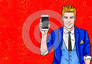 Man with smartphone in the hand in comic style.Man with phone. Man showing mobile phone.Digital advertisement. Iphone, cellphone,