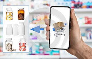 Man with smartphone ordering medications online