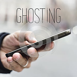 Man with smartphone and text ghosting photo