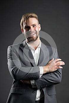 Man smile in blue suit jacket and shirt. Businessman with bearded face and stylish hair. Happy manager in formal outfit