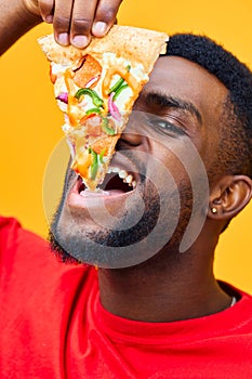 man smile food black happy background delivery food pizza copy fast space guy hold