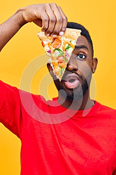 man smile online guy black food food fast background pizza eat happy delivery