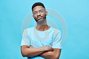 man smile portrait african american fashion expression background black posing smiling blue guy