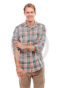 Man, smile and portrait for fashion, unwind and clothes for comfort and pattern on white background. Young person with