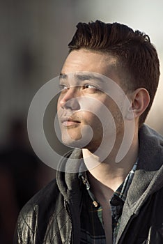 Man smile portrait outdoor on street in city