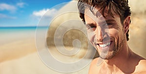 Man, smile and portrait at the sea on a holiday and vacation outdoor with travel on adventure. Happy, beach and male