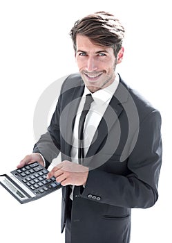 man points to the calculator and looks at the camera