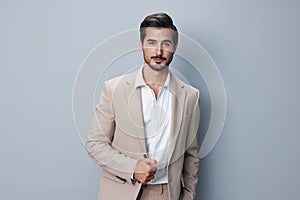 man smiling copyspace handsome business happy suit office beige portrait businessman