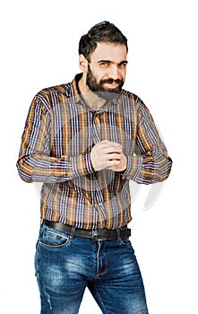 man smiling with glee, he rubs his hands isolated on white background.