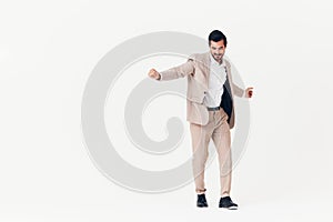 man smiling model suit businessman beige victory running happy business winner