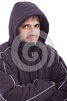 Man smiling in winter jacket on white background