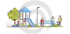 Man smoking at children playground semi flat RGB color vector illustration