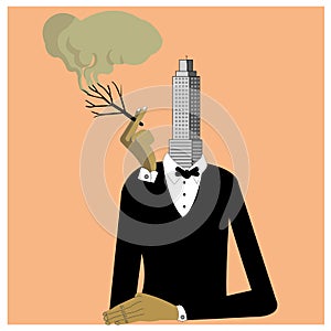 Man smoking tree with building head