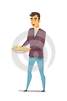Man with snacks in plate flat character