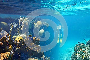 A man snorkeling in the beautiful coral reef with lots of fish