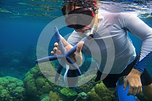 Man snorkeling in blue water with star fish. Snorkeling in coral reef. Snorkel holds blue starfish.