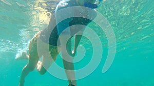 A man snorkeling in a clear blue sea