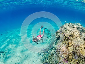 Man snorkeling and freediving near the coral reef edge in Red Sea