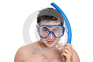 Man with snorkeling mask for diving isolated on white