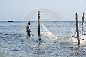 Man with snorkeling mask on the sea