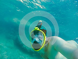 man with snorkeling mask underwater summer sea vacation