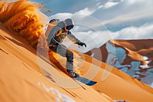 Man snowboarding on desert. Generative AI