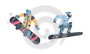 Man Snowboarding Dressed in Winter Outfit Vector Set