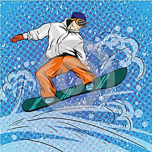 Man snowboarding in mountains. Vector illustration in pop art retro style. Winter sports vacation concept. Sportsman