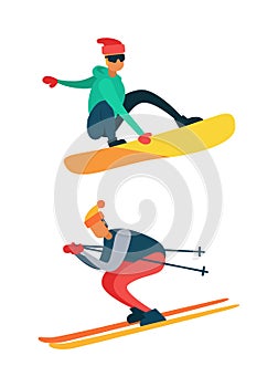 Man Snowboarding, Riding Down on Skis Winter Sport