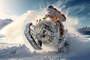 Man on a snowmobile in the mountains. 3d rendering, Extreme rider jumping with a snowmobile on the snow, Face covered with helmet