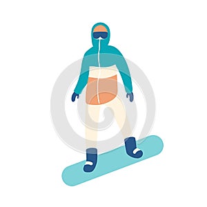 Man in snowsuit riding snowboard. Guy in seasonal sportswear practicing snowboarding. Extreme winter sports and