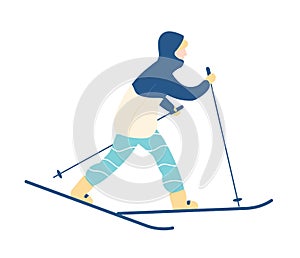 Man in snowsuit taking part in race, cross-country or Nordic skiing competition. Winter sports and recreational activity