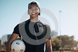 Man, soccer ball or fitness on sports field, training center or exercise club and wellness goals, health target or